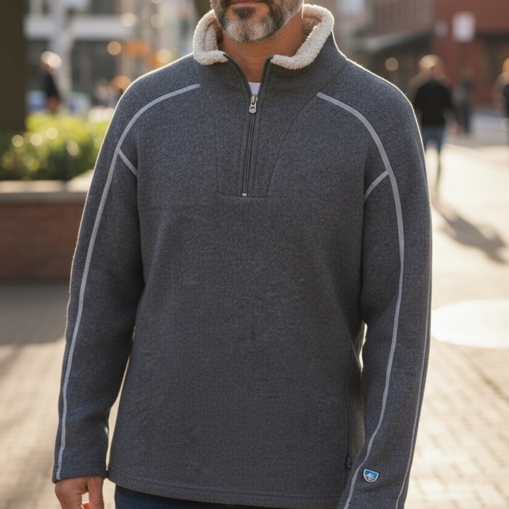 KUHL Men's Large Gray 1/4 Zip Fleece Pullover Sherpa Lined Collar Outdoor Sweate
